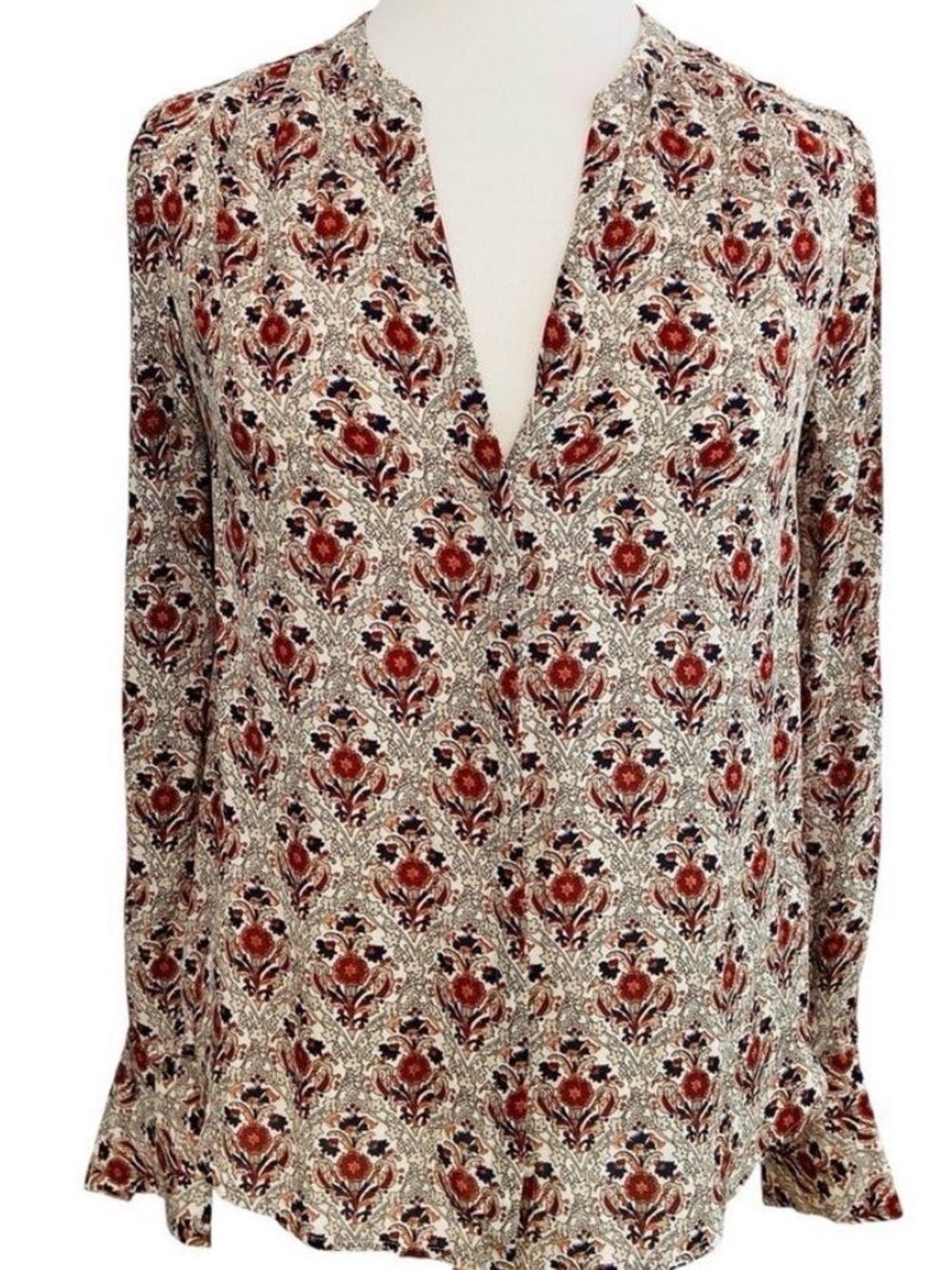 Joie button up blouse floral pattern 100% silk long sleeves earth tones small